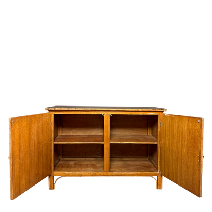 1950s French : quarter sewn oak cabinet with lattice bamboo