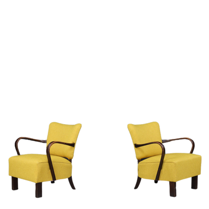 1930s Jindřich Halabala : Model H-237 bentwood armchair in yellow wool, pair
