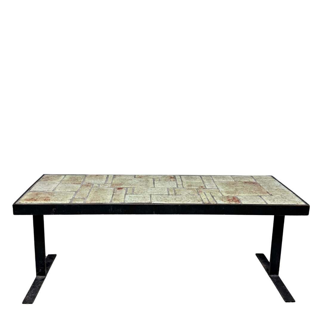 1970s French : blackened iron coffee table w/ceramic tile top