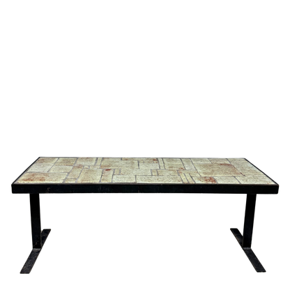 1970s French : blackened iron coffee table w/ceramic tile top