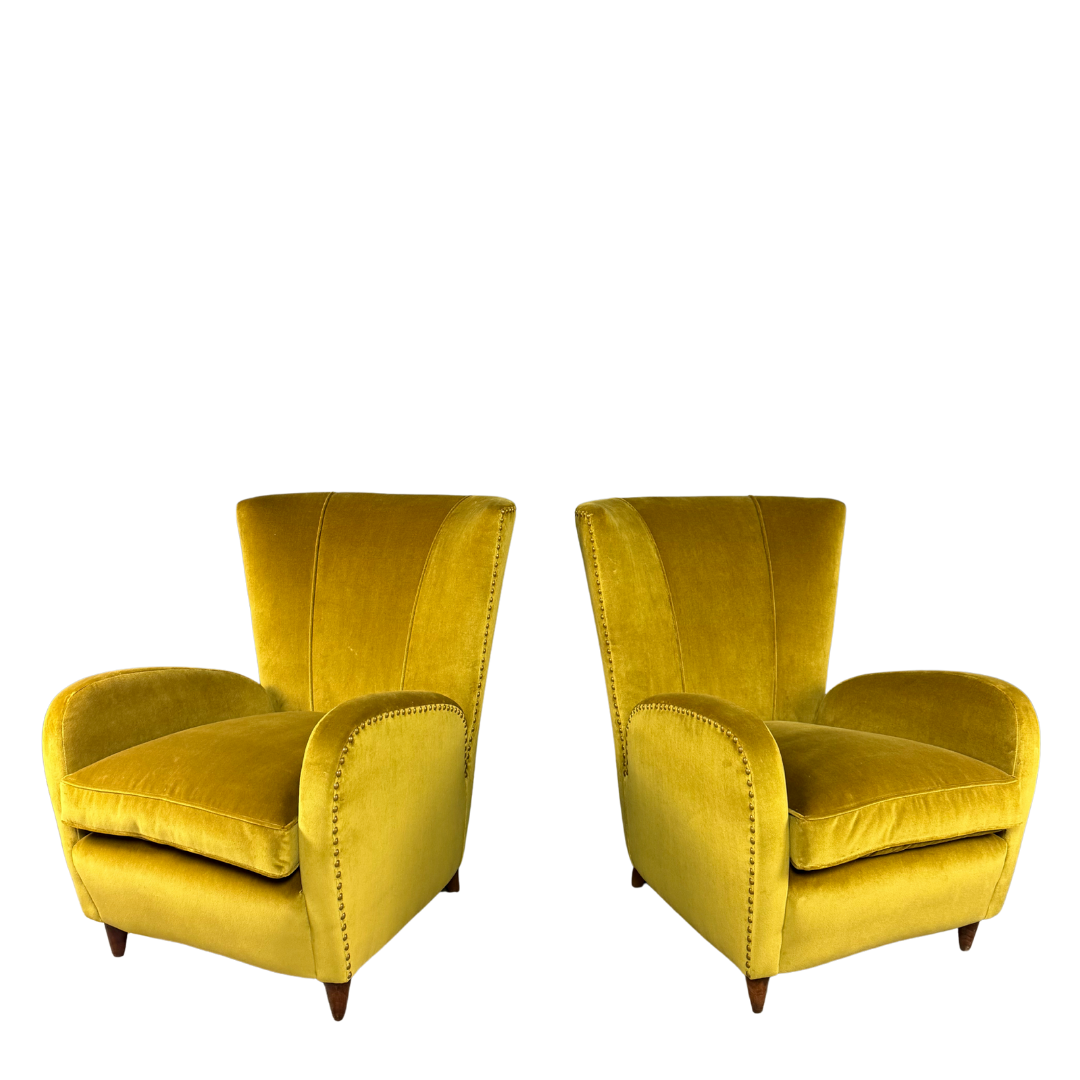 1950s Italian : pair of classic modernist armchairs in gold velvet