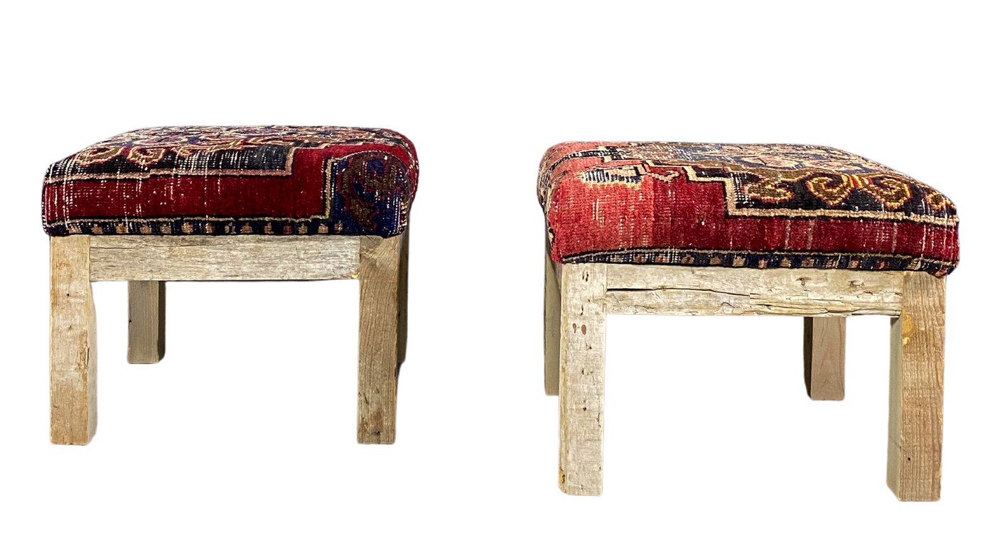 1960s Turkish Kilim square stool, recycled wood frame