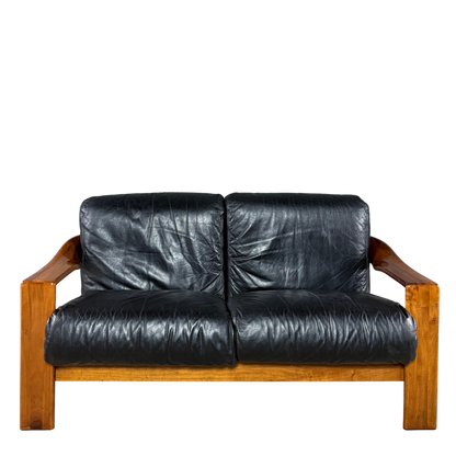 1970s Mobilgirgi S.p.a. : architectural black leather 2-seat sofa, Italy