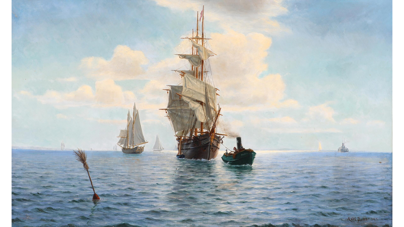 Early 1900s Axel Johansen seascape w/sailing ships