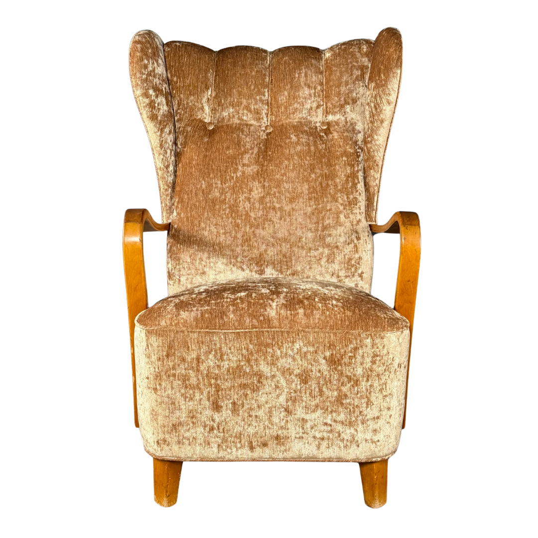 1950s Swedish : gold velvet tall back bergère armchair