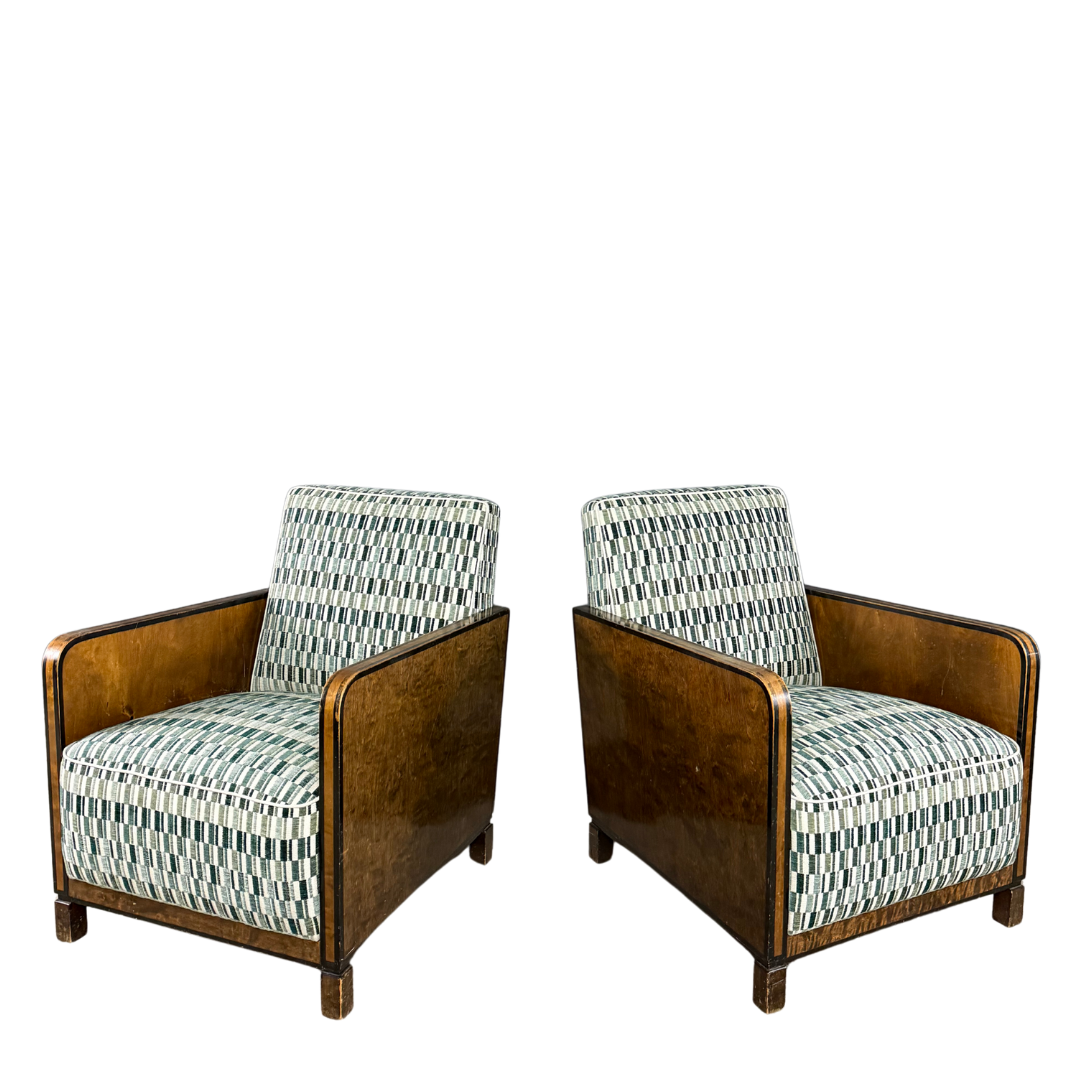 1940s European : pair post Art Deco functionalist armchairs in burl walnut
