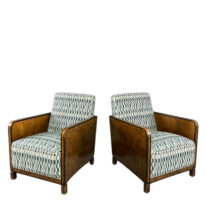 1940s European : pair post Art Deco functionalist armchairs in burl walnut