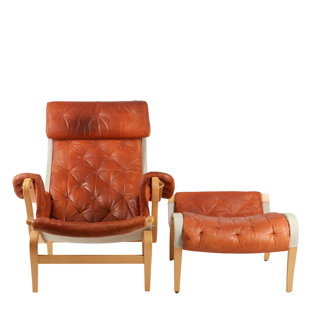 1970s Bruno Mathsson : rust orange leather "Pernilla" lounge chair + ottoman