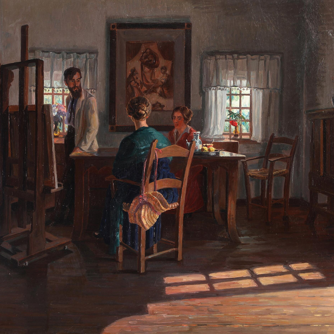 c1915 Hjalmar Mattheissen : c1915 interior scene, artist w/easel