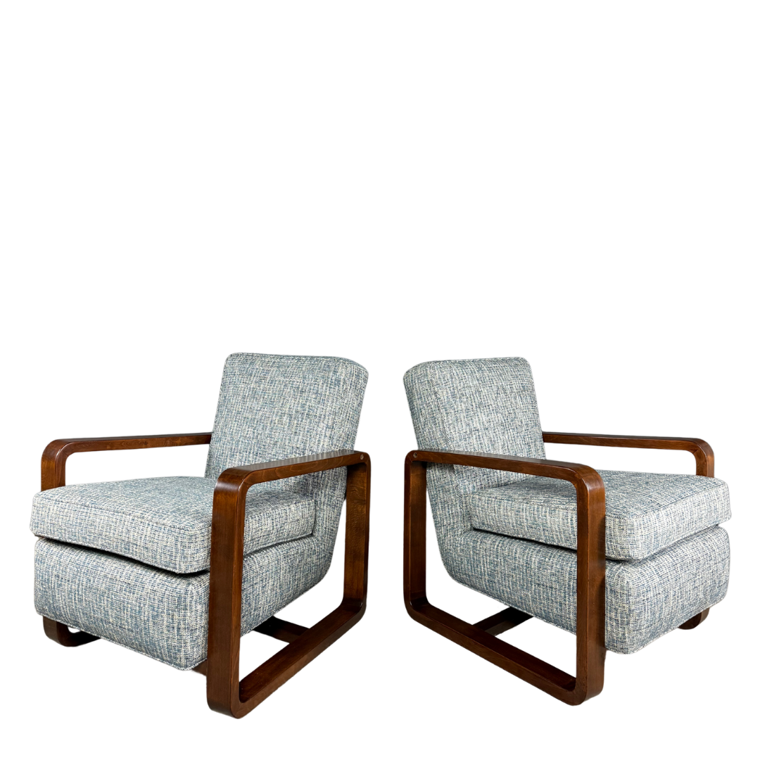 1930s Bauhaus : Czech figured walnut armchairs, w/ Harris Tweed