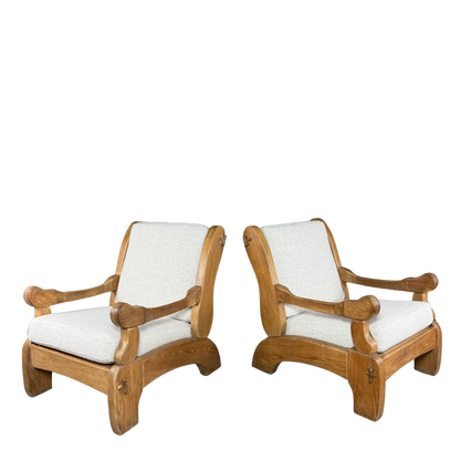 1970s French : pair of solid oakwood brutalist lounge chairs