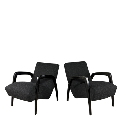 1940s Jan Vanek : pair sculpted dark-stained lounge chairs