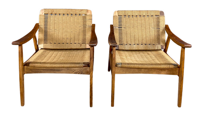 Pair American mid-century oak and papercord armchairs