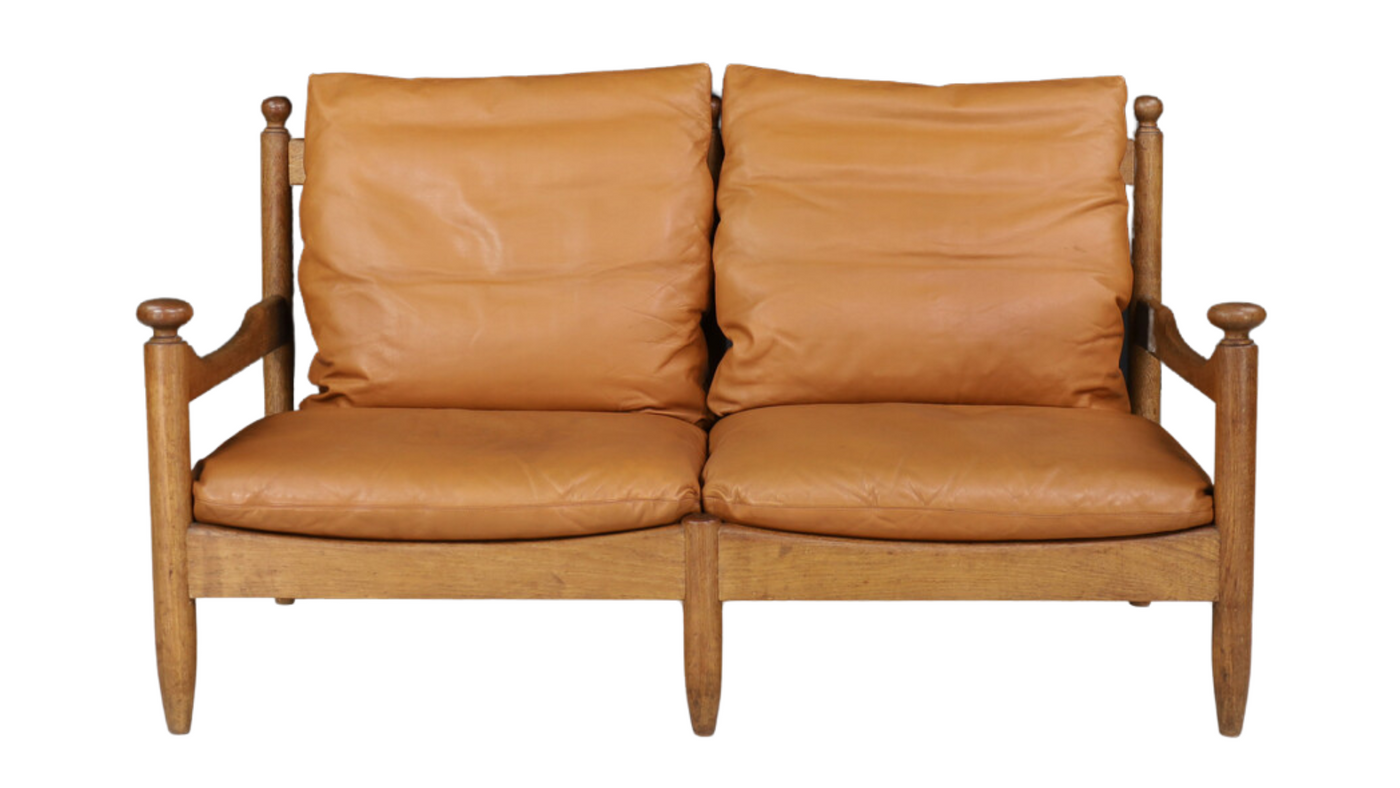 1960s Scandinavian Design oak & cognac leather 2-seat sofa