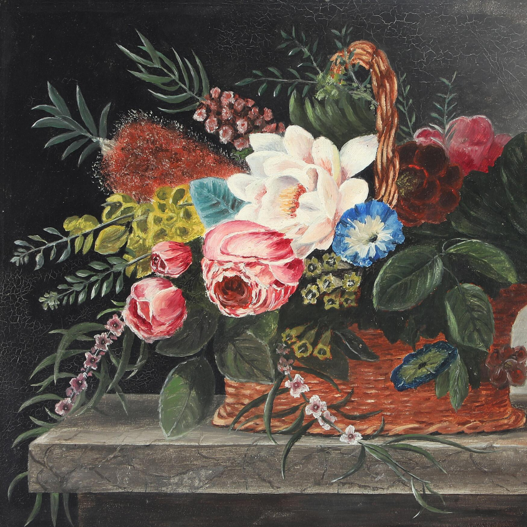 Danish painter, 20th century : Still life with flowers in a basket