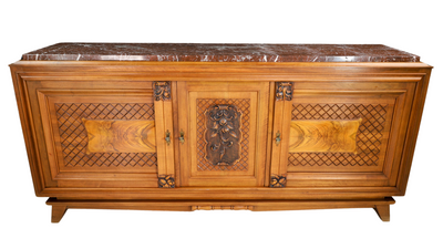 1940s French walnut & marble 75" sideboard