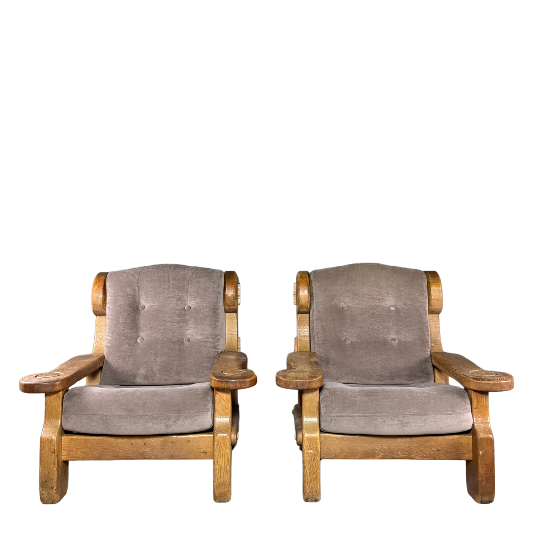1970s French : pair large brutalist oakwood lounge chairs