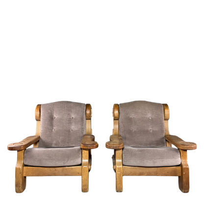 1970s French : pair large brutalist oakwood lounge chairs