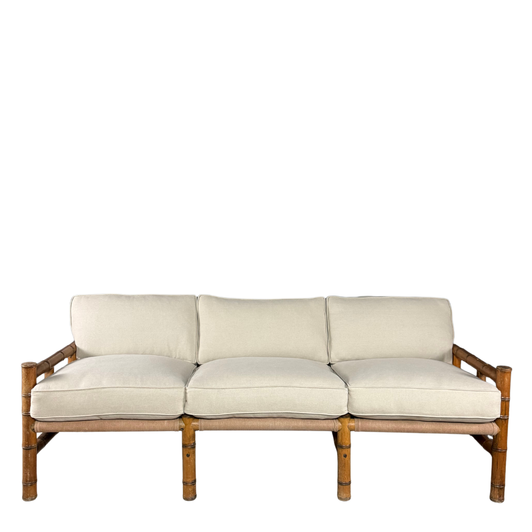1970s Italian : faux bamboo, canvas sling 3-seat safari sofa