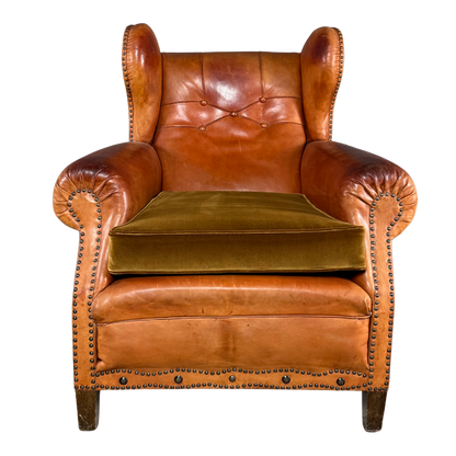 1950 Danish : cognac leather English style wingback clubchair