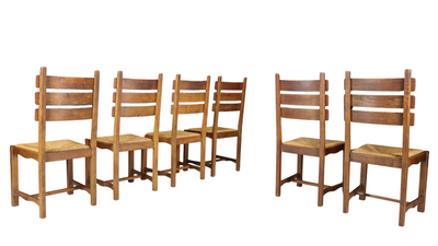 1950s set six French country oakwood dining chairs