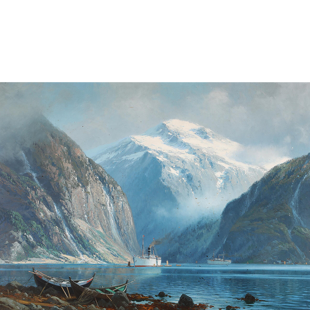 Johannes Harders (1871-1950) : o/c fjord landscape with steamships, 43"