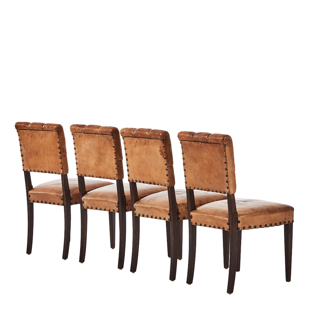 Late 1930s Swedish : set four tufted cognac leather dining chairs