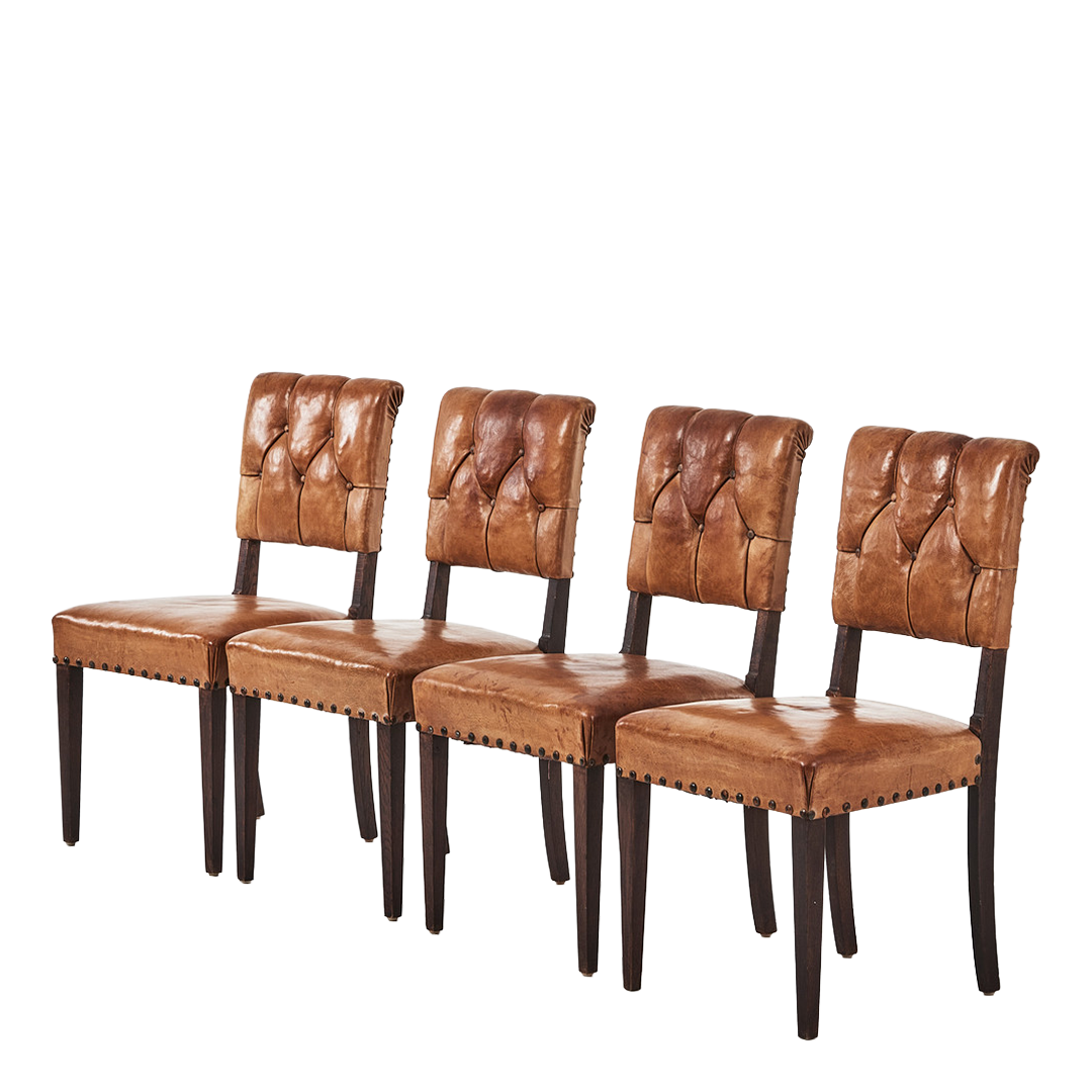 Late 1930s Swedish : set four tufted cognac leather dining chairs