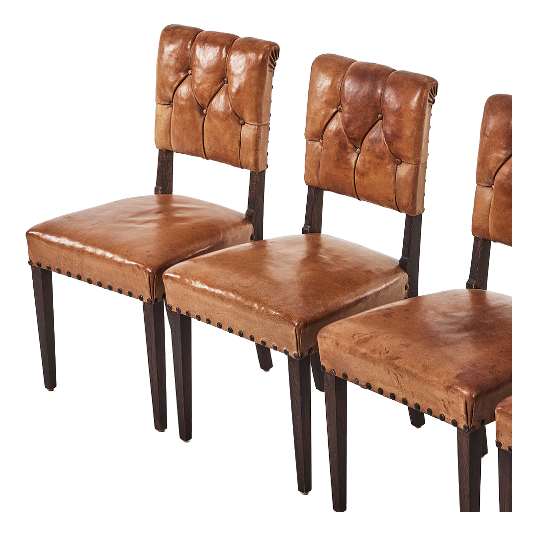 Late 1930s Swedish : set four tufted cognac leather dining chairs