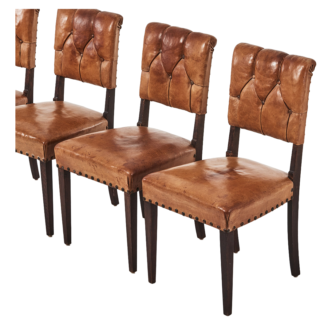 Late 1930s Swedish : set four tufted cognac leather dining chairs