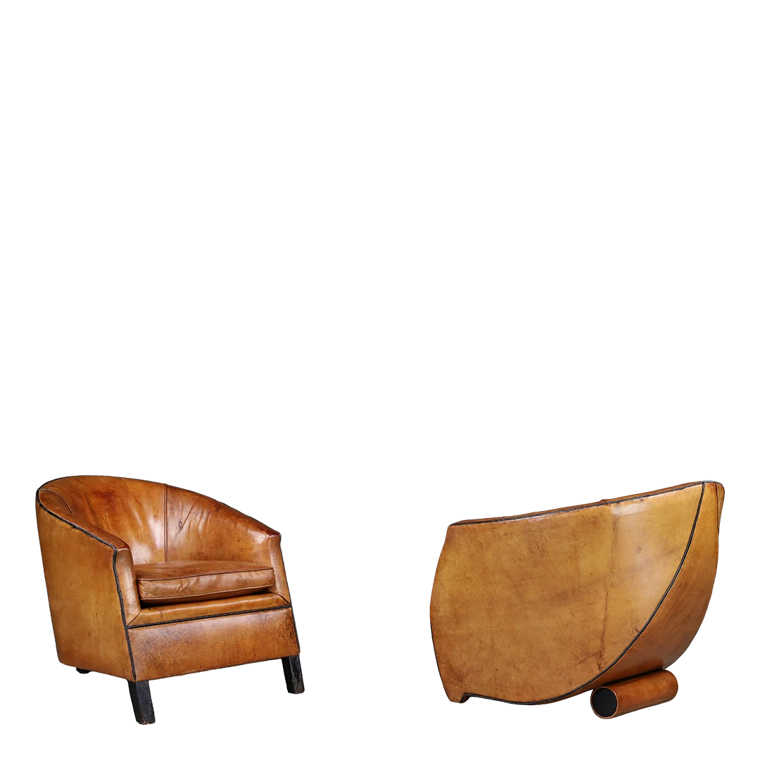 1970s Bart van Bekhoven : cognac leather Cocoon leather club chair, Dutch