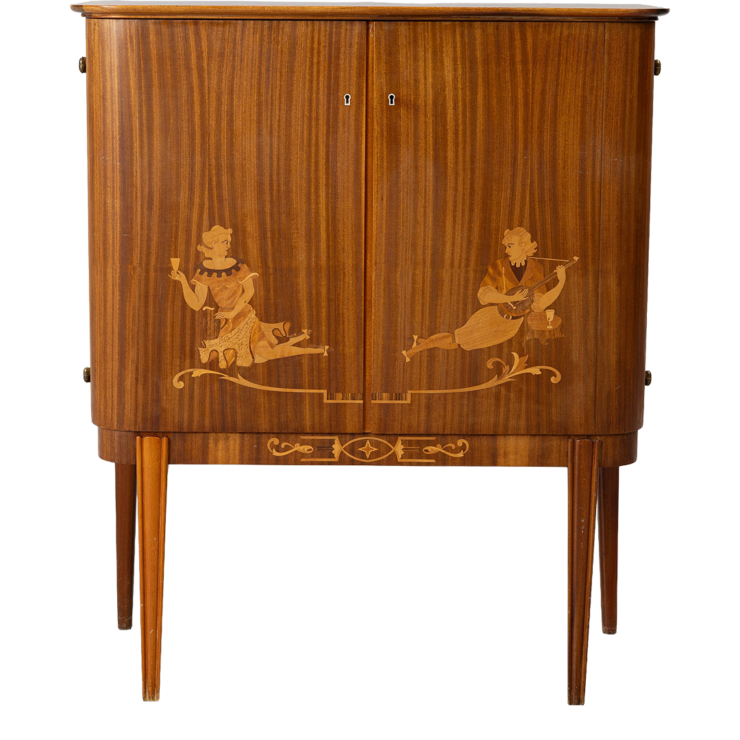 Late 1930s Swedish Grace : 53" bar cabinet in ribbon-striped mahogany w/intarsia
