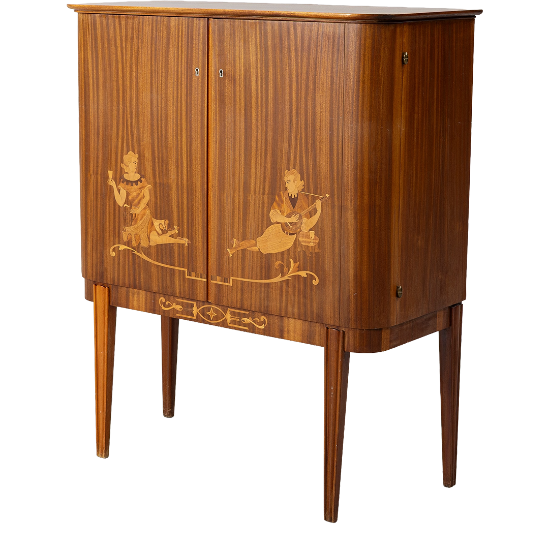 Late 1930s Swedish Grace : 53" bar cabinet in ribbon-striped mahogany w/intarsia