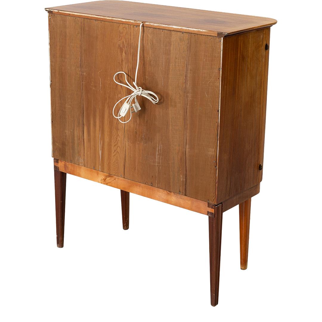 Late 1930s Swedish Grace : 53" bar cabinet in ribbon-striped mahogany w/intarsia