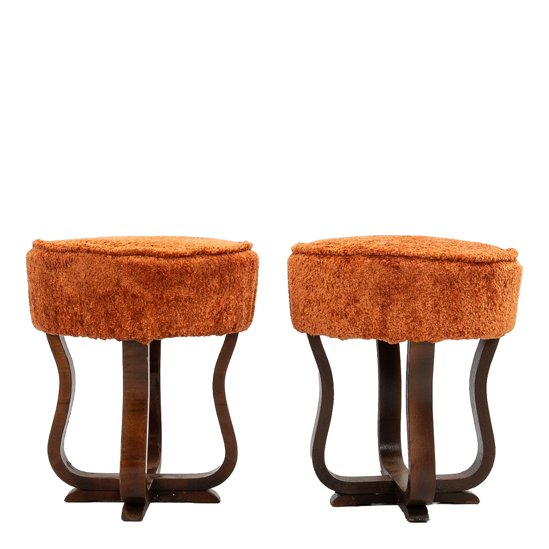 1930s Swedish Grace : pair of curved walnut stool w/upholstery