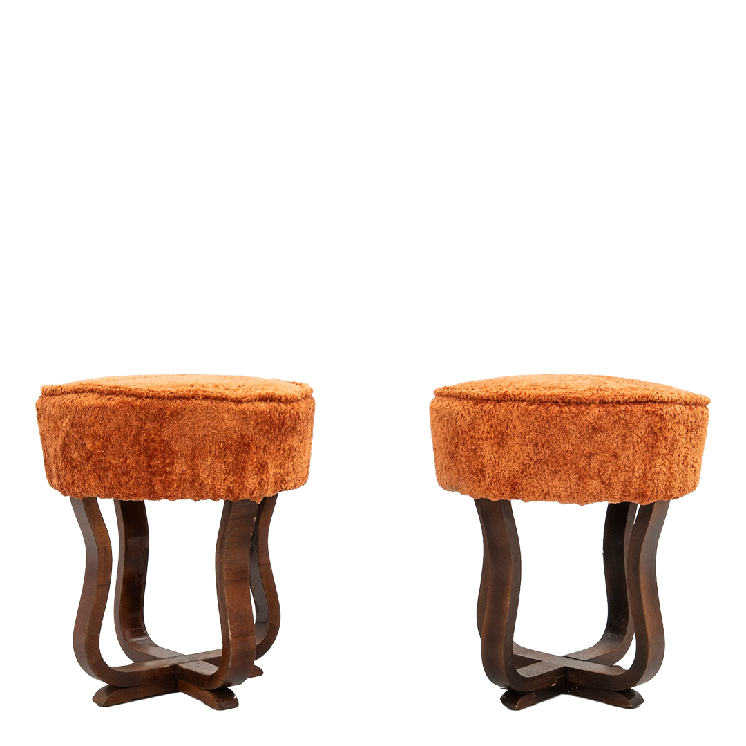 1930s Swedish Grace : pair of curved walnut stool w/upholstery