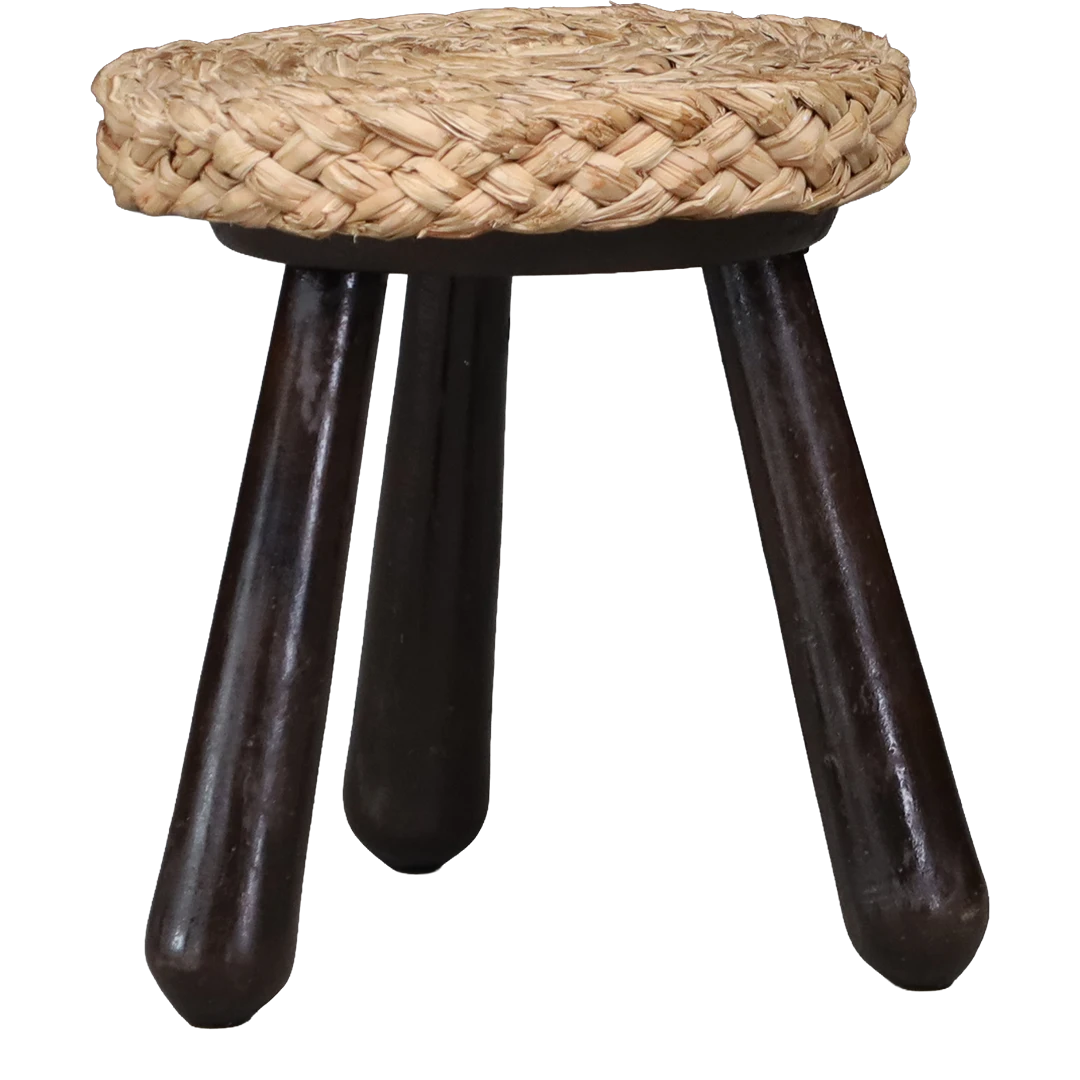 1960s Audoux-Minet : small solid oak tripod stool w/woven hemp seating