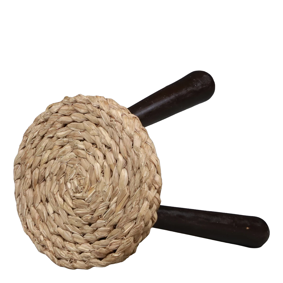 1960s Audoux-Minet : small solid oak tripod stool w/woven hemp seating