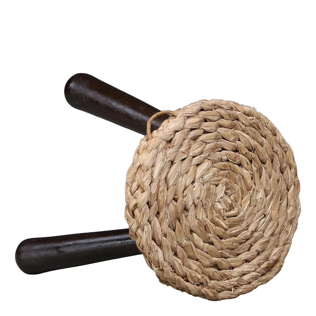 1960s Audoux-Minet : small solid oak tripod stool w/woven hemp seating