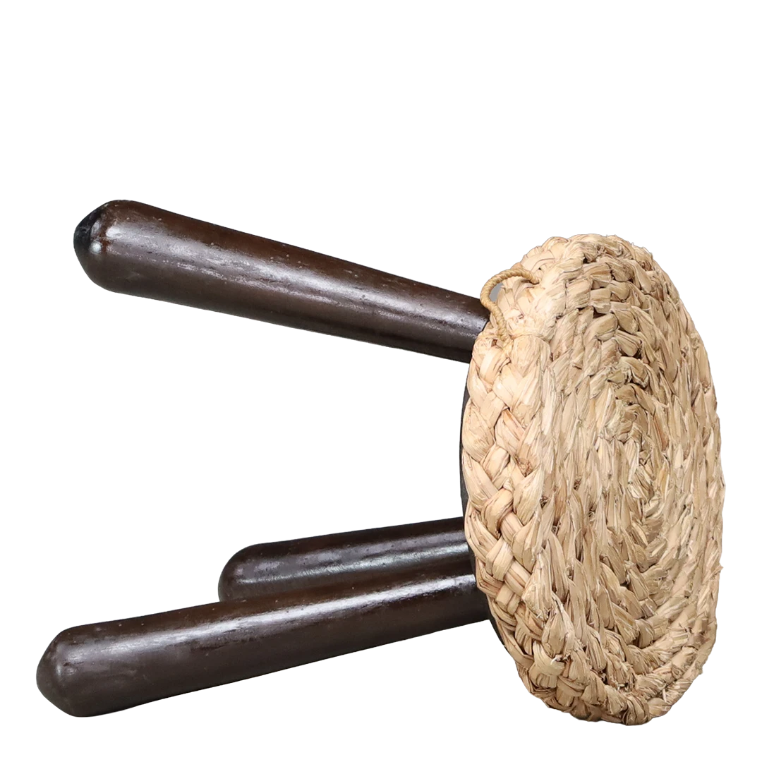 1960s Audoux-Minet : small solid oak tripod stool w/woven hemp seating