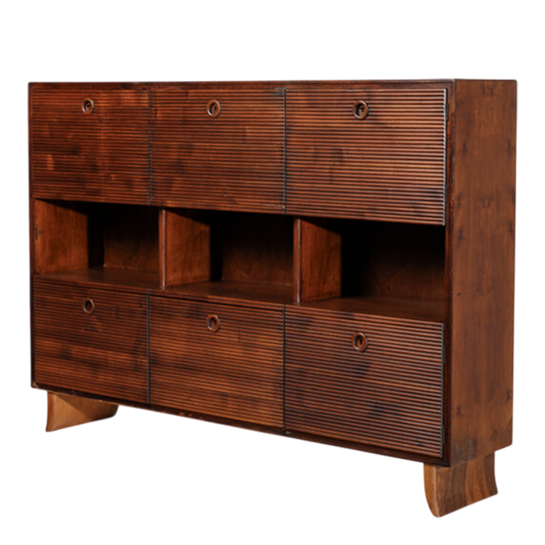 1940s Paolo Buffa : exceptional 79" walnut cabinet with grissinato front