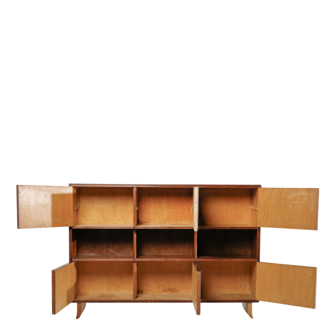 1940s Paolo Buffa : exceptional 79" walnut cabinet with grissinato front