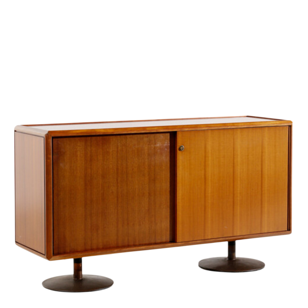 1960s Schirolli : 2-door teakwood and pedestal steel sideboard