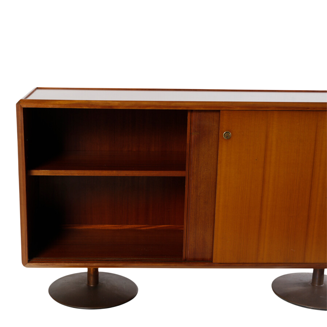 1960s Schirolli : 2-door teakwood and pedestal steel sideboard
