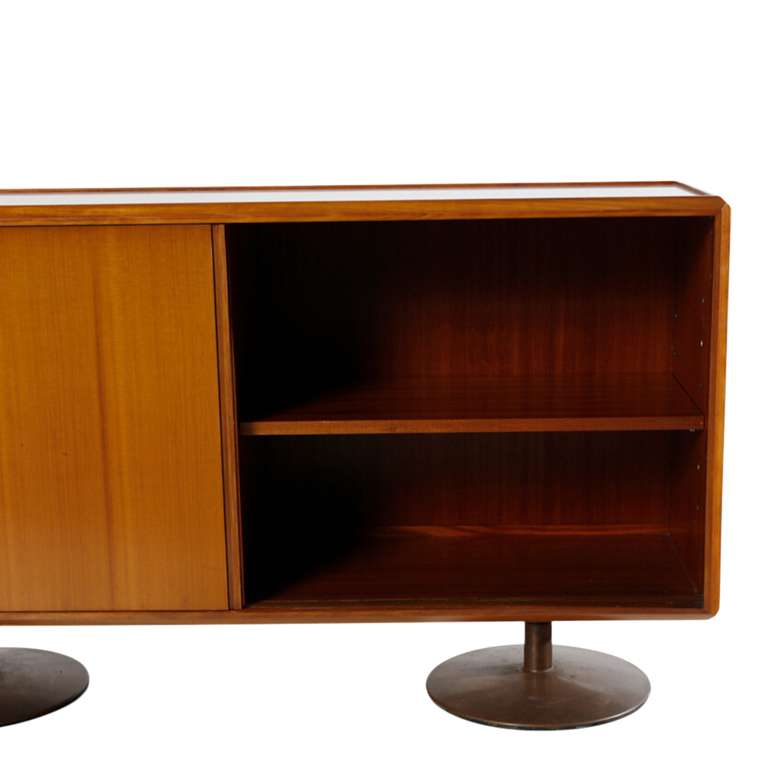 1960s Schirolli : 2-door teakwood and pedestal steel sideboard