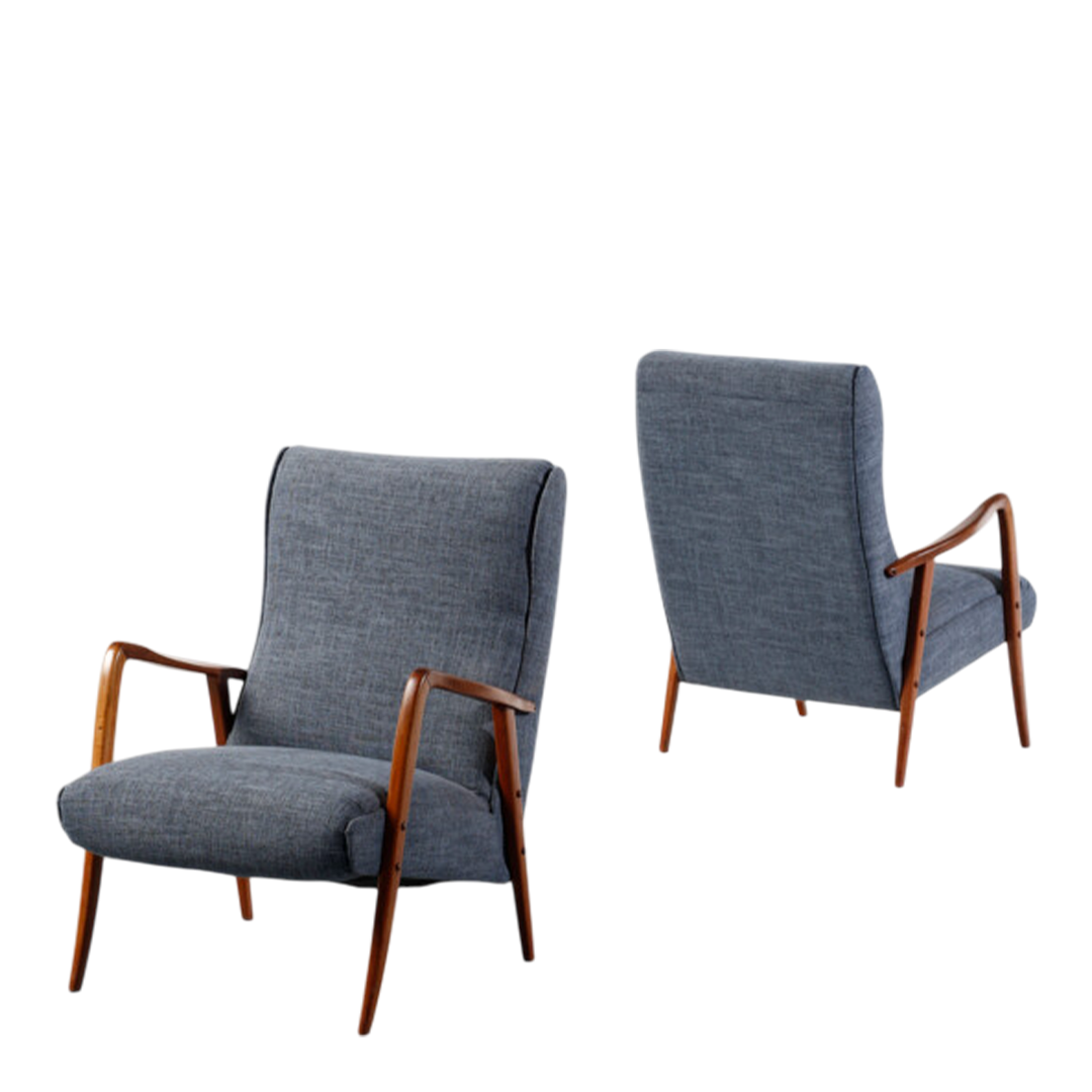 1960s Milanese : pair Italian modernist walnut upholstered armchairs