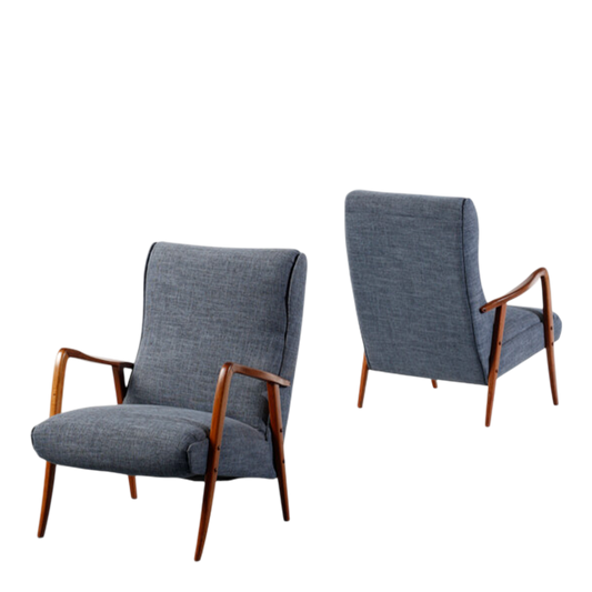 1960s Milanese : pair Italian modernist walnut upholstered armchairs
