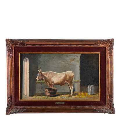 19thc Valerio Laccetti : Ox in the Stable o/c, Italy