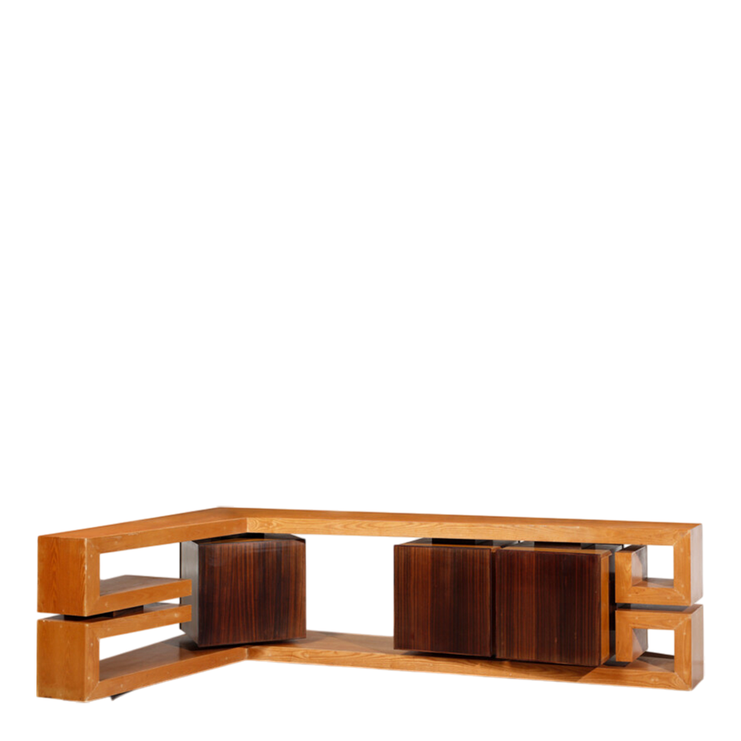 1960s Italian : custom modernist corner cabinet in oak & rosewood