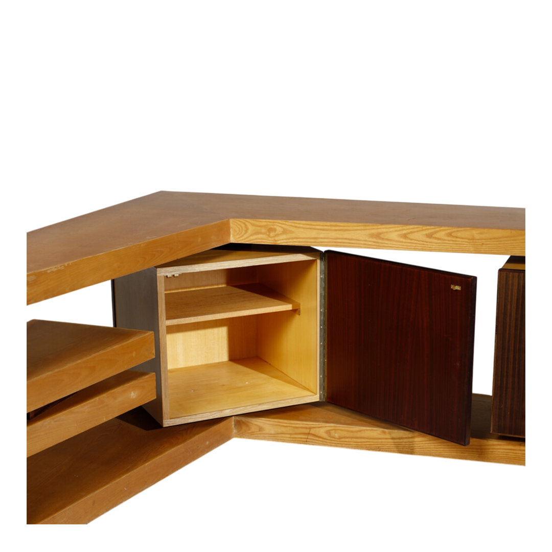 1960s Italian : custom modernist corner cabinet in oak & rosewood